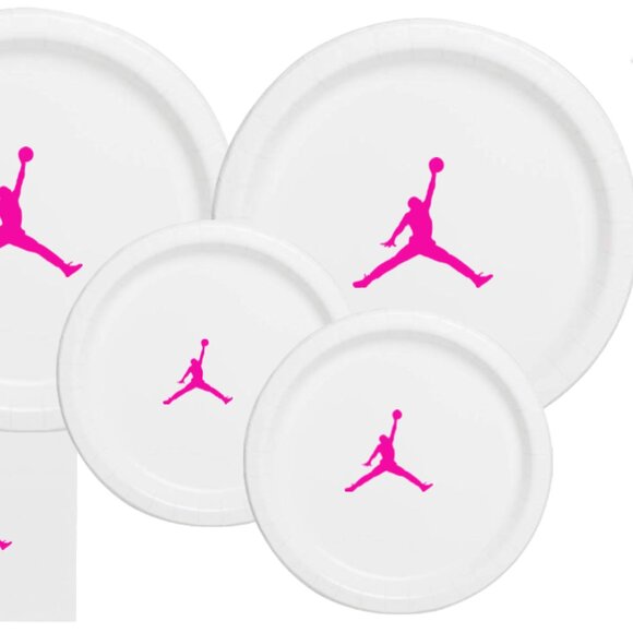 Jumpman Party Plates | White&Pink Basketball Themed Paper Plates | 60 Piece Set - Picture 5 of 5